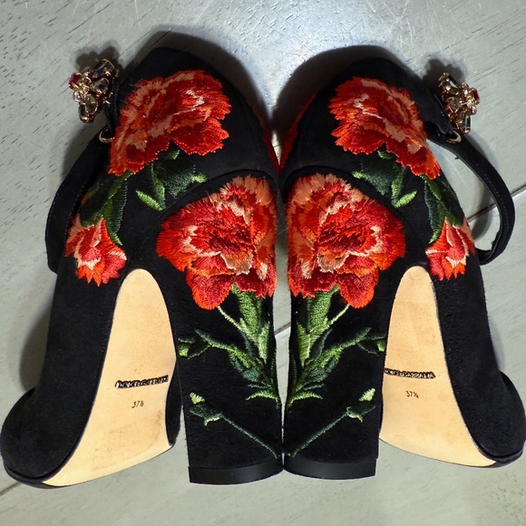 Dolce & Gabbana (37.5) Suede+Silk Brocade Mary-Janes - Picture 3 of 10